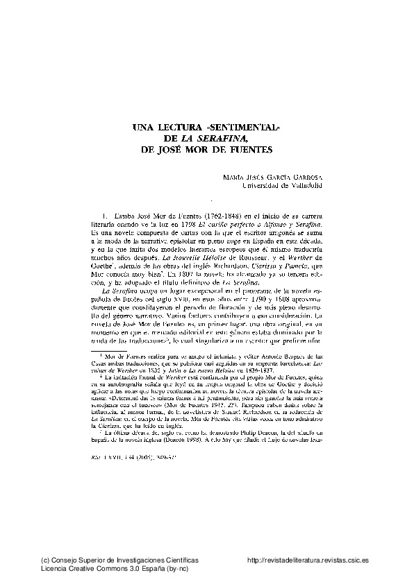 Una lectura «sentimental» de La Serafina de José Mor de Fuentes
