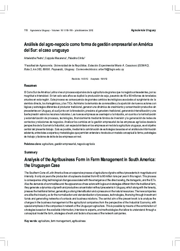 Análisis del agro-negocio como forma de gestión empresarial en América del Sur el caso uruguayo